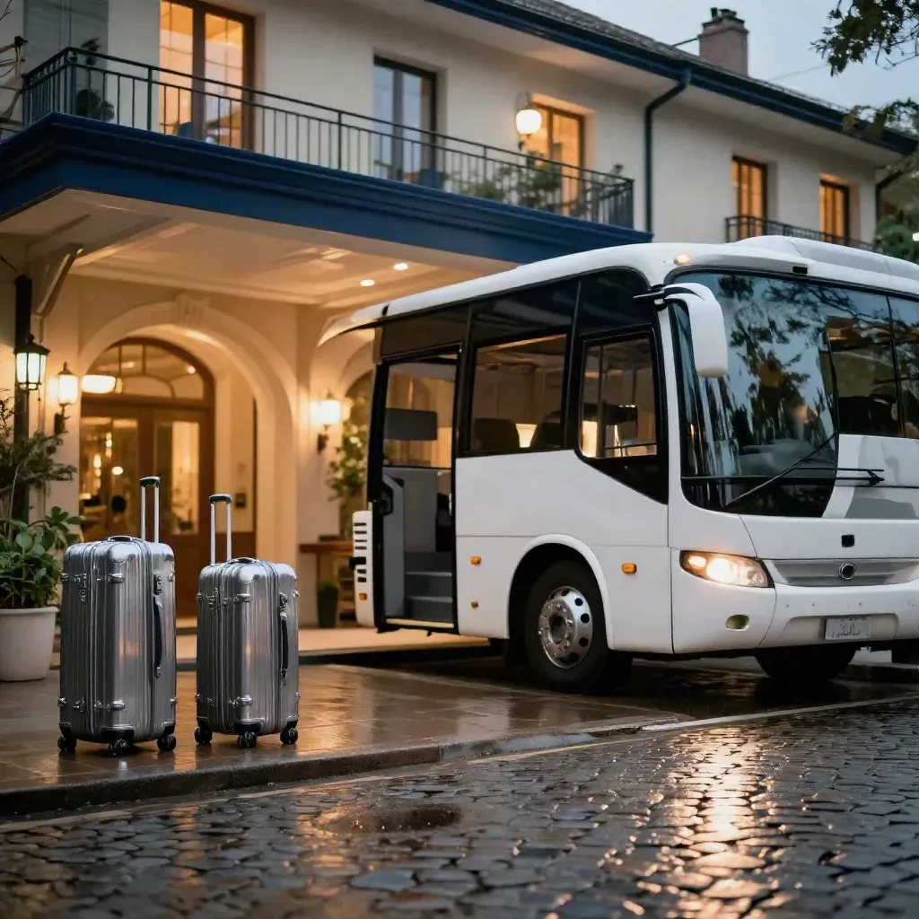 Pullman vuoto davanti a un hotel boutique, carrelli bagagli e balconi illuminati nella sera umida.
