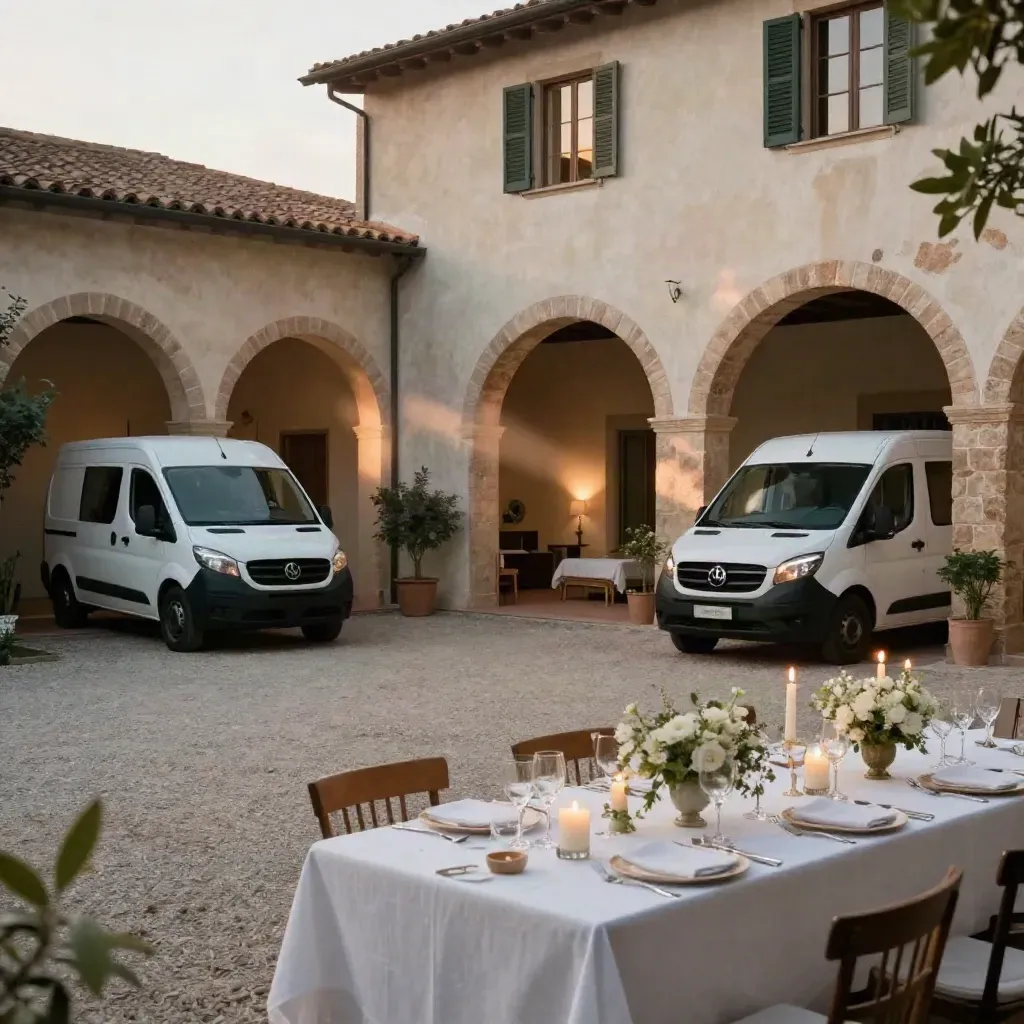 Cortile di villa toscana con navette bianche e tavolo di ricevimento già allestito al tramonto