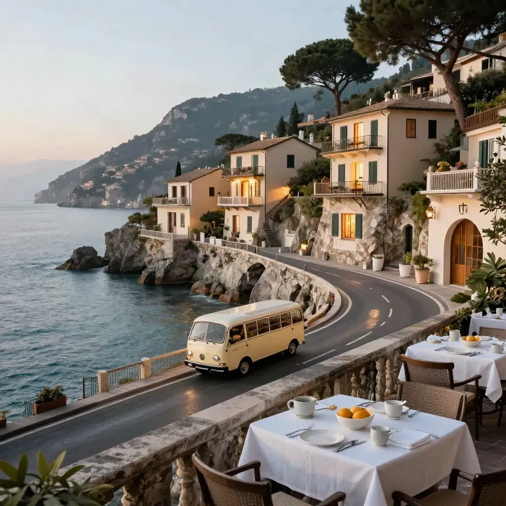 Coach nel borgo ligure con terrazza colazione e tre strutture illuminate sul mare.