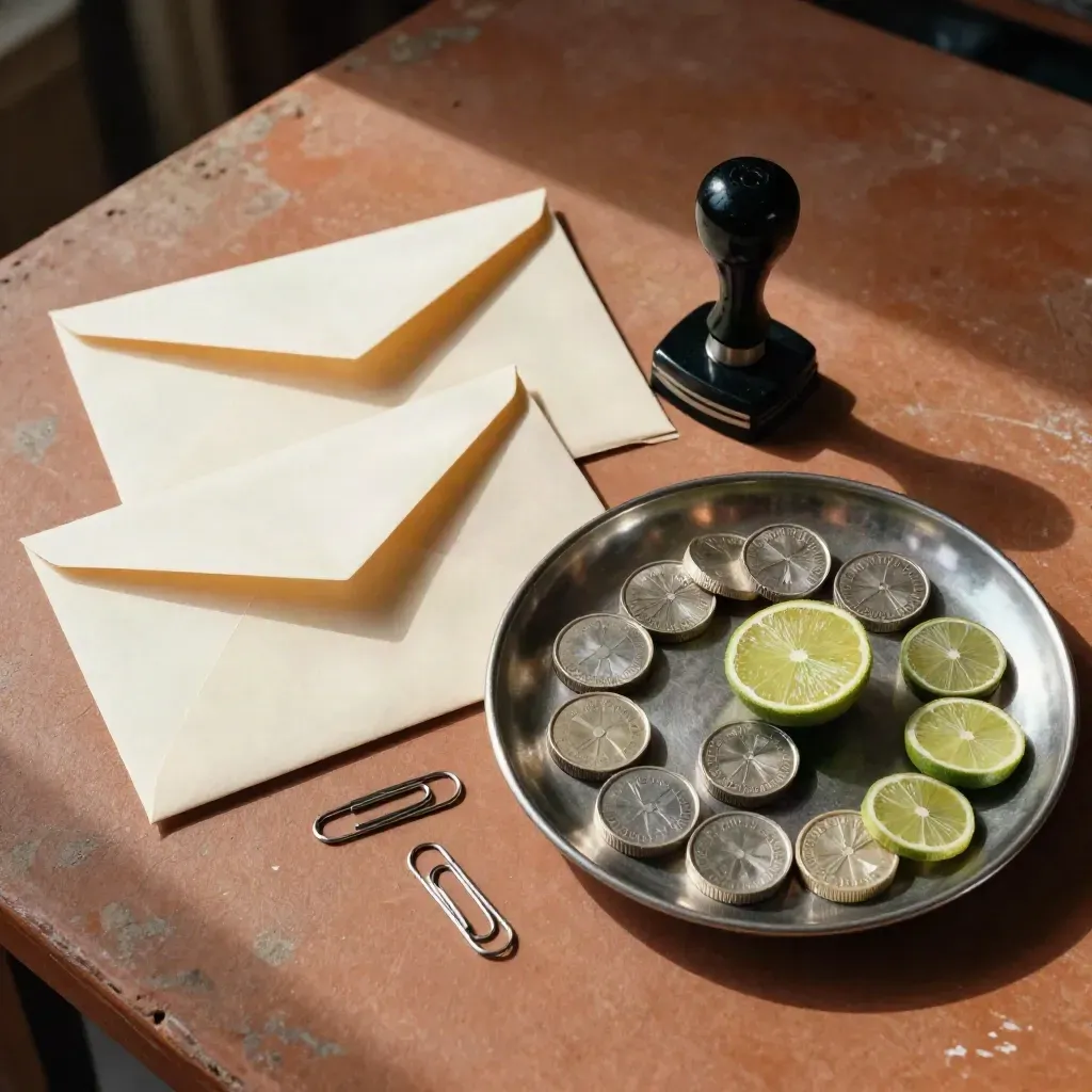 Dall’alto, buste sigillate, graffette, timbro e vassoio metallico con gettoni lime su piano rustico.