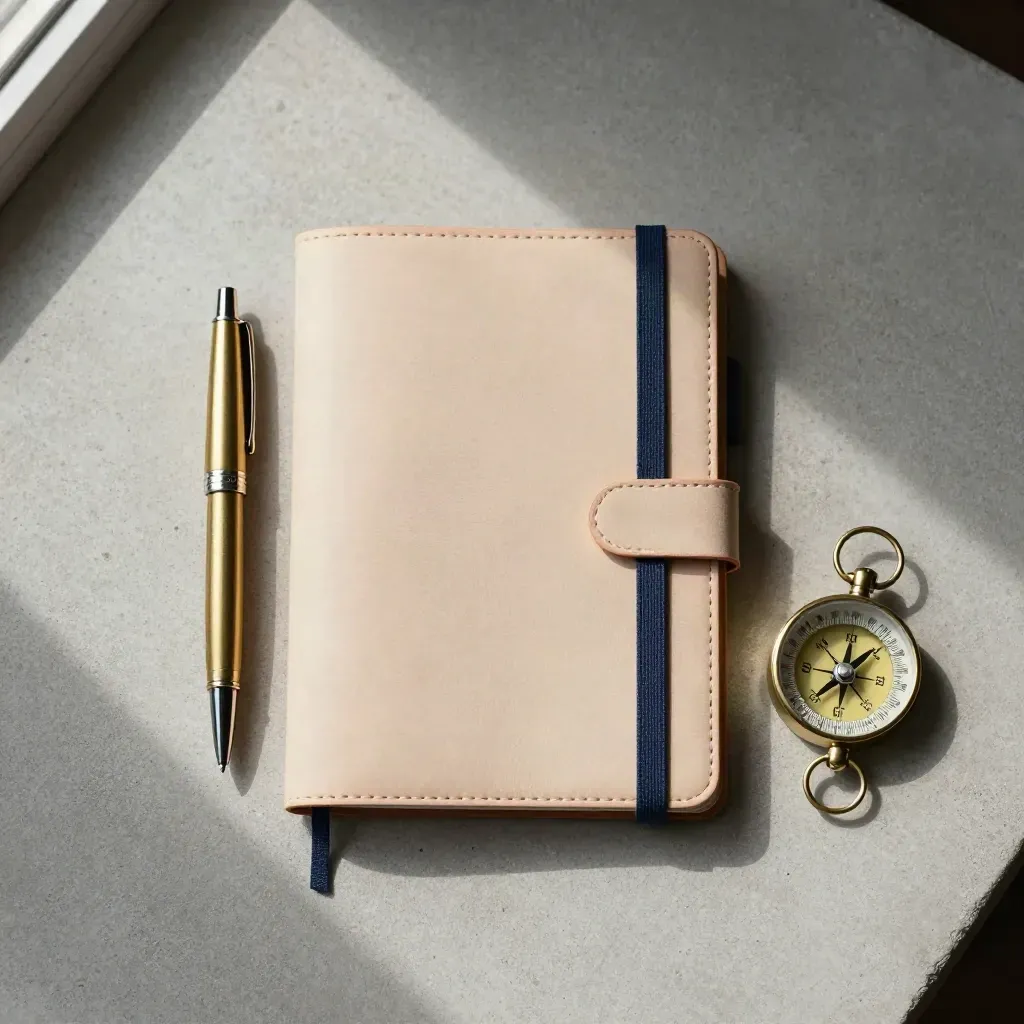 Notebook chiuso, penna, portachiavi in ottone e bussola su cemento chiaro.
