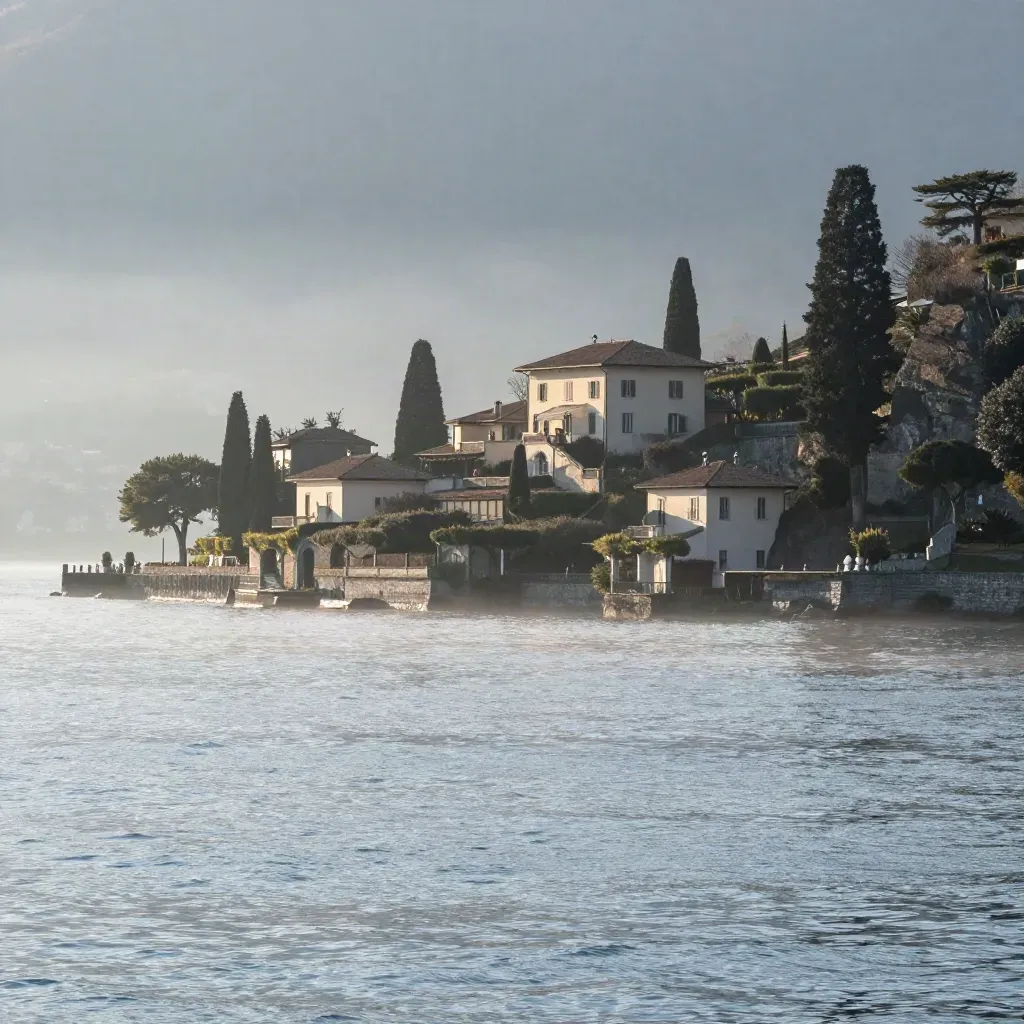 Ville sul Lago di Como tra nebbia all’alba e parete di montagna
