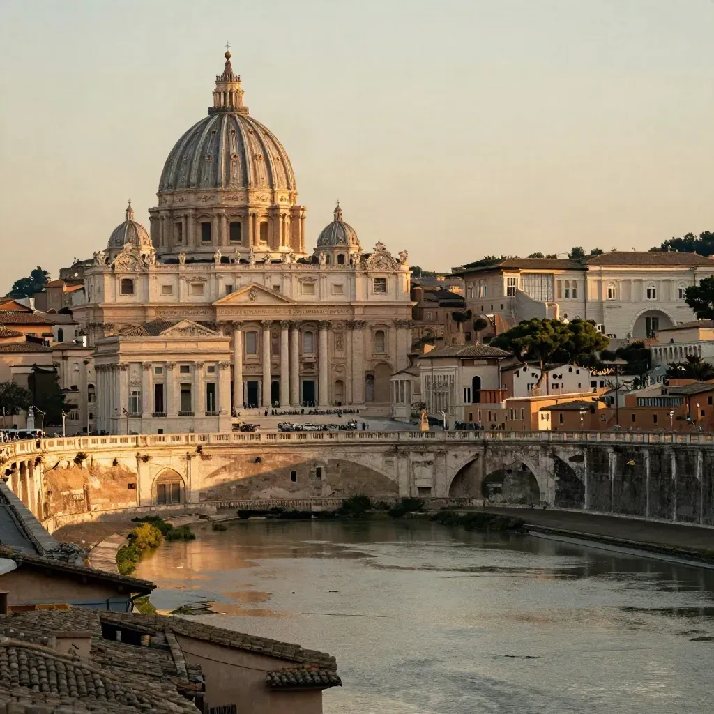 Panorama di Roma al tramonto con cupola e tetti in luce calda sopra la pianura del Tevere